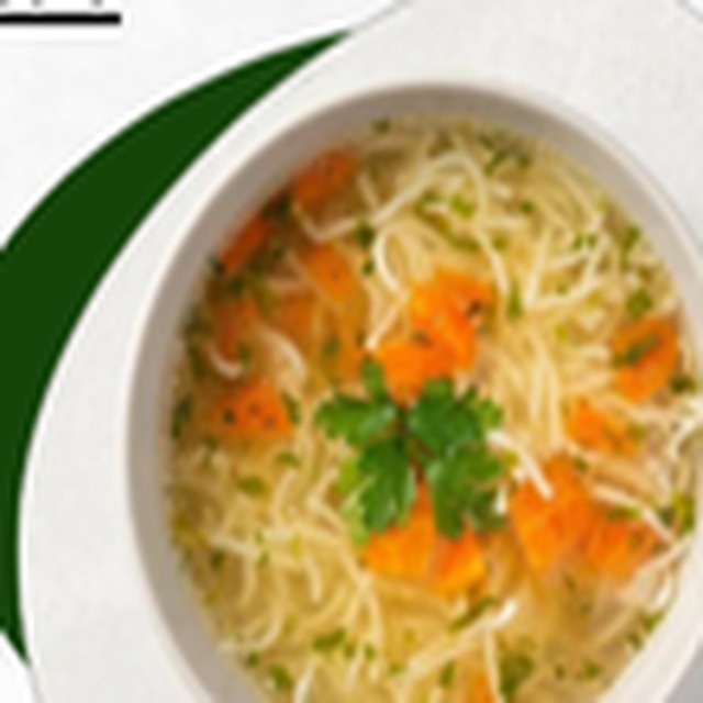 Chicken broth with noodles in a bowl